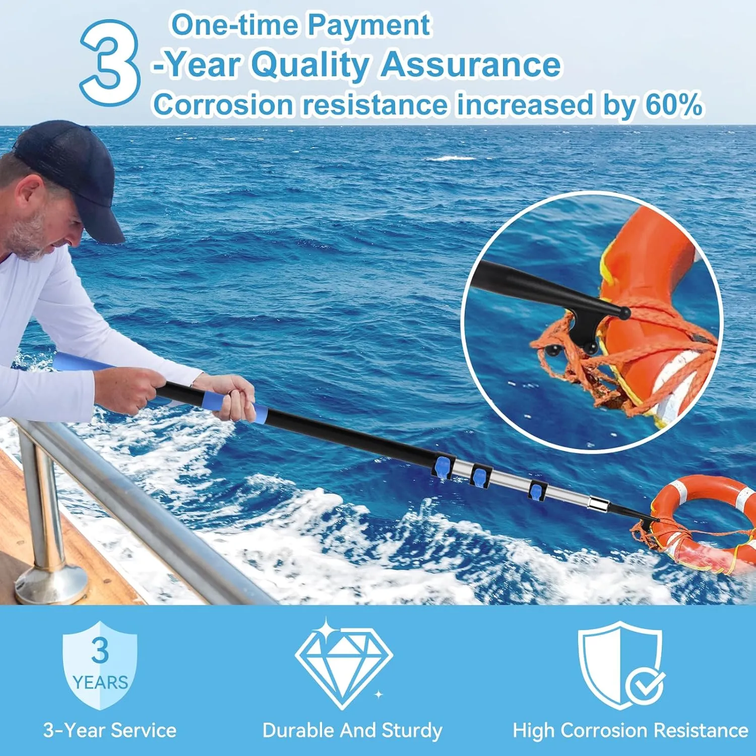 【 Upgrade 】 5-12ft Three-Level Telescopic Aluminum Pole Boat Hook, Made of Thick Aluminum，Covered with Oxide Film, Longer Life, Sturdy and Durable,for Docking Push-Pull Boat Accessorie
