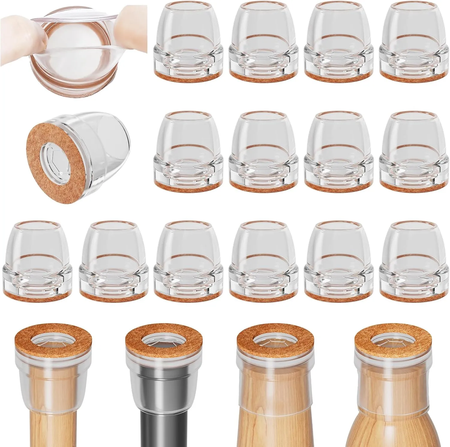 16 PCS Chair Leg Floor Protectors, Chair Leg Sliders for Hardwood Floors, Furniture Leg Caps, Felt Furniture Pads, Floor Protectors for Chair, Bar Stool Leg Protectors, Fit 1.1"-1.3"(Round, Clear)