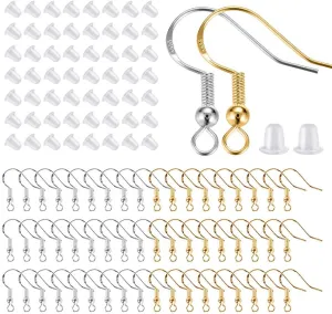 200 PCS/100Pairs 925 Sterling Silver and Gold Earring Hooks,Hypo-allergenic Fish Earring Hooks Earwires for DIY Jewelry Making Supplies with 200 PCS Soft Silicone Earring Backs