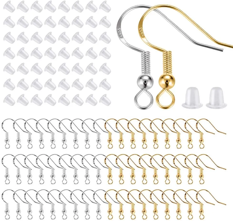 200 PCS/100Pairs 925 Sterling Silver and Gold Earring Hooks,Hypo-allergenic Fish Earring Hooks Earwires for DIY Jewelry Making Supplies with 200 PCS Soft Silicone Earring Backs