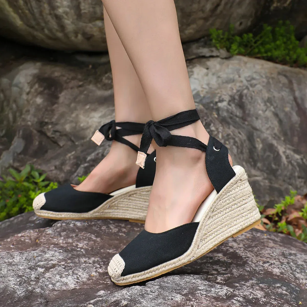 2024 Women's Espadrille Ankle Strap Sandals Comfortable Slippers Ladies Womens Casual Shoes Breathable Flax Hemp Canvas Pumps