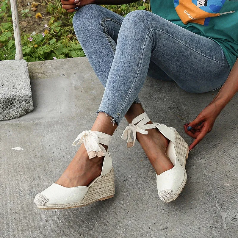 2024 Women's Espadrille Ankle Strap Sandals Comfortable Slippers Ladies Womens Casual Shoes Breathable Flax Hemp Canvas Pumps