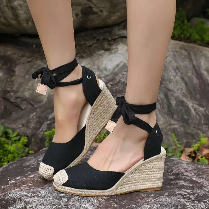 2024 Women's Espadrille Ankle Strap Sandals Comfortable Slippers Ladies Womens Casual Shoes Breathable Flax Hemp Canvas Pumps