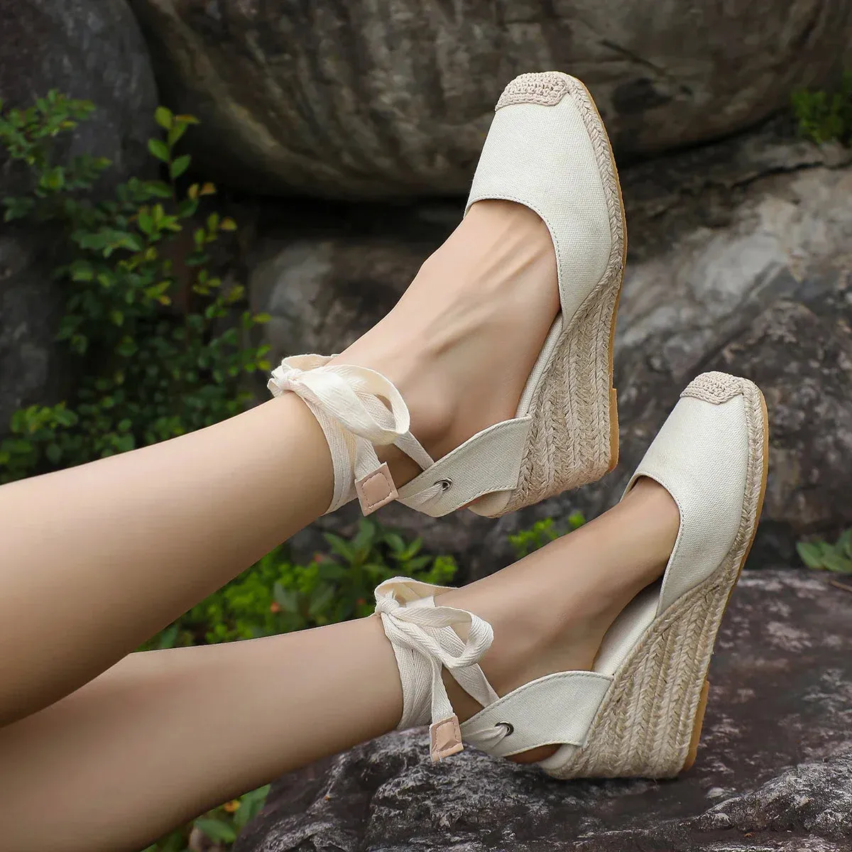 2024 Women's Espadrille Ankle Strap Sandals Comfortable Slippers Ladies Womens Casual Shoes Breathable Flax Hemp Canvas Pumps