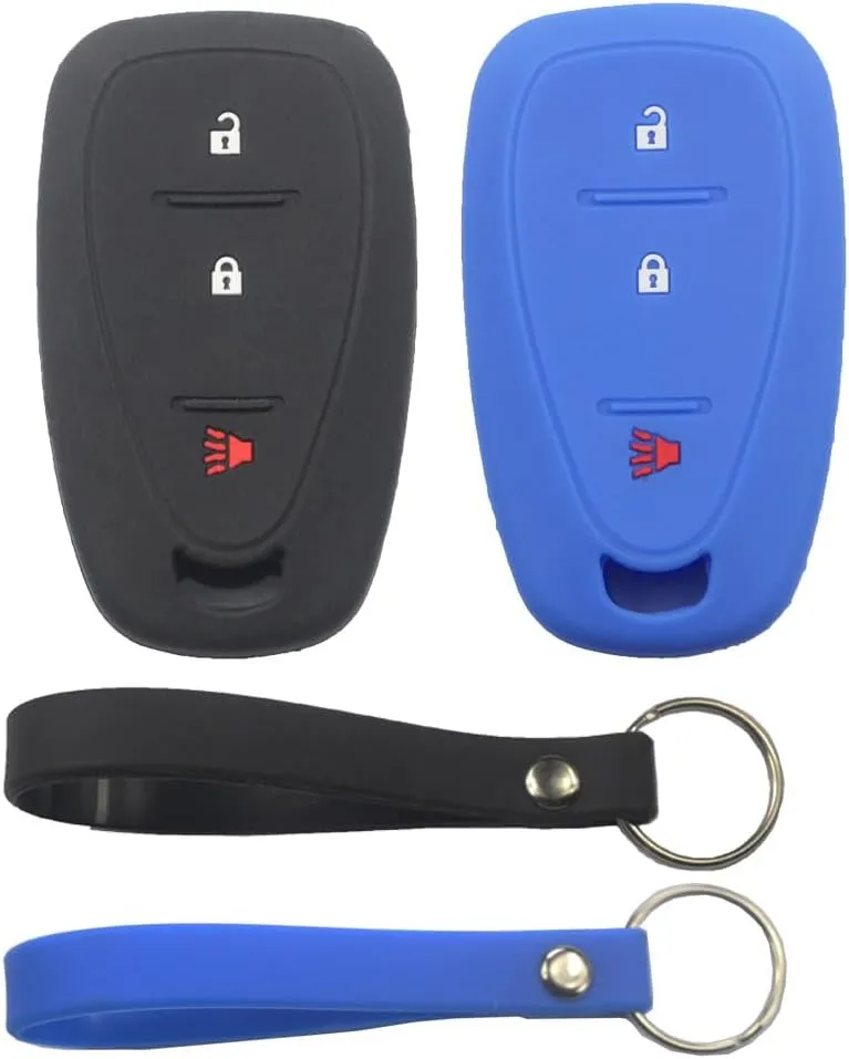 2Pcs Rubber Silicone 3 Buttons Smart Key Fob Cover Case Protector Keyless with Keychain Compatible with Chevrolet Blazer Equinox Spark Trailblazer Traverse 2021 2022 Black Blue