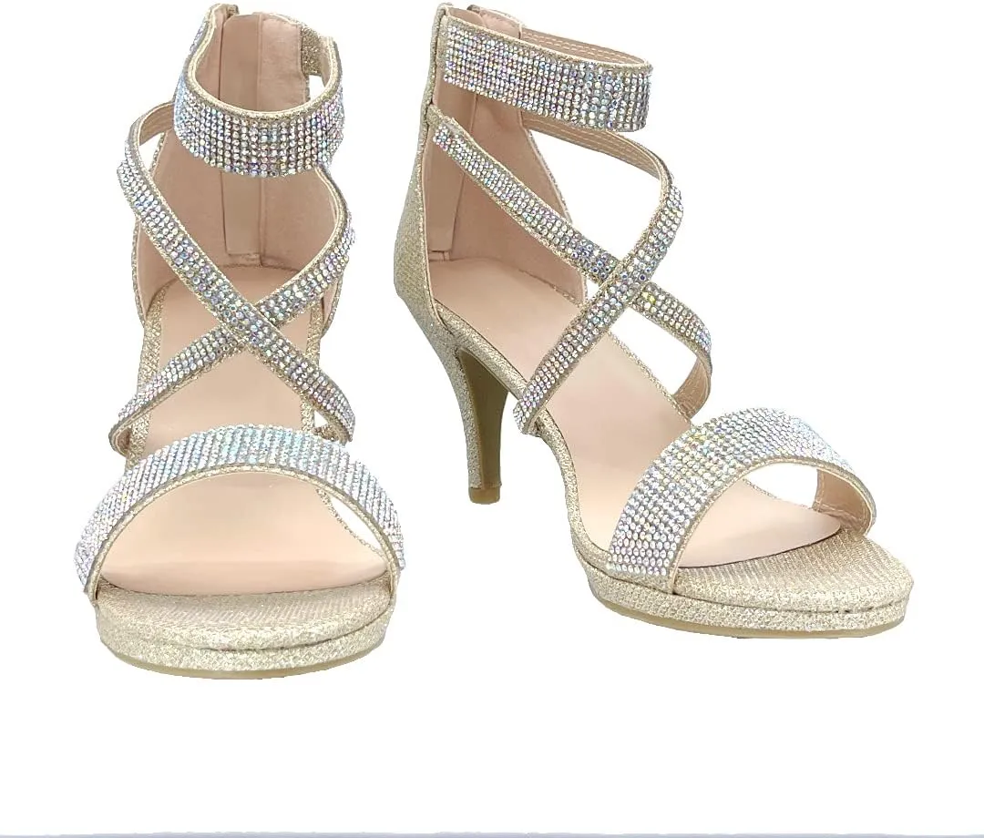 ABSOLEX Women's Cross strappy Open Toe Glitter Rhinestone Dressy/Party/Wedding Mid Pump Heel Sandal,