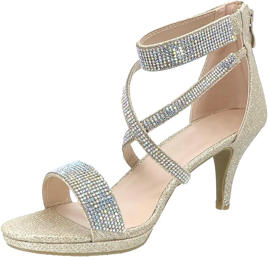 ABSOLEX Women's Cross strappy Open Toe Glitter Rhinestone Dressy/Party/Wedding Mid Pump Heel Sandal,