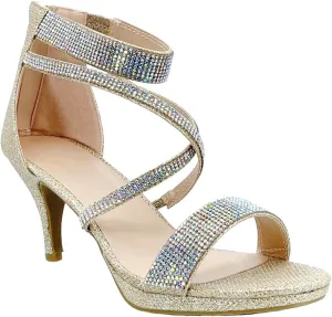 ABSOLEX Women's Cross strappy Open Toe Glitter Rhinestone Dressy/Party/Wedding Mid Pump Heel Sandal,