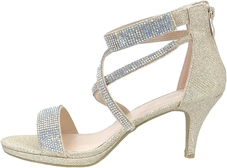 ABSOLEX Women's Cross strappy Open Toe Glitter Rhinestone Dressy/Party/Wedding Mid Pump Heel Sandal,