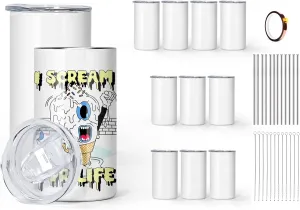 AGH 12 oz Sublimation Tumblers Blanks with Lids and Straws Stainless Steel Straight Skinny Tumblers for Kids Double Wall Vacuum Insulated Tumbler BPA-Free Great DIY Gift for Children 12 Pack