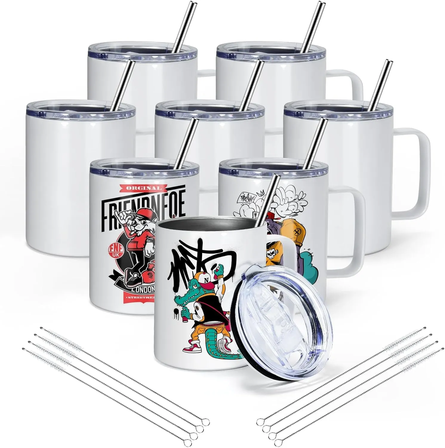 AGH 8 Pack Sublimation Mugs Blanks, 12 oz Stainless Steel Sublimation Coffee Tumbler with Handle and Sliding Lid, Sublimation Tumblers Blanks, Double Walled Vacuum Insulation for Coffee