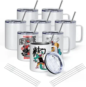 AGH 8 Pack Sublimation Mugs Blanks, 12 oz Stainless Steel Sublimation Coffee Tumbler with Handle and Sliding Lid, Sublimation Tumblers Blanks, Double Walled Vacuum Insulation for Coffee