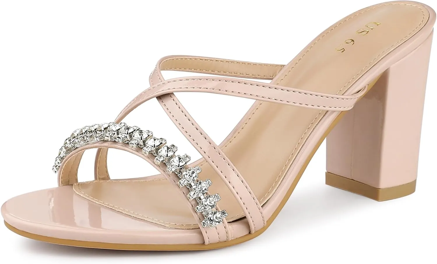 Allegra K Women's Crisscross Strap Rhinestone Block Heel Slide Sandals