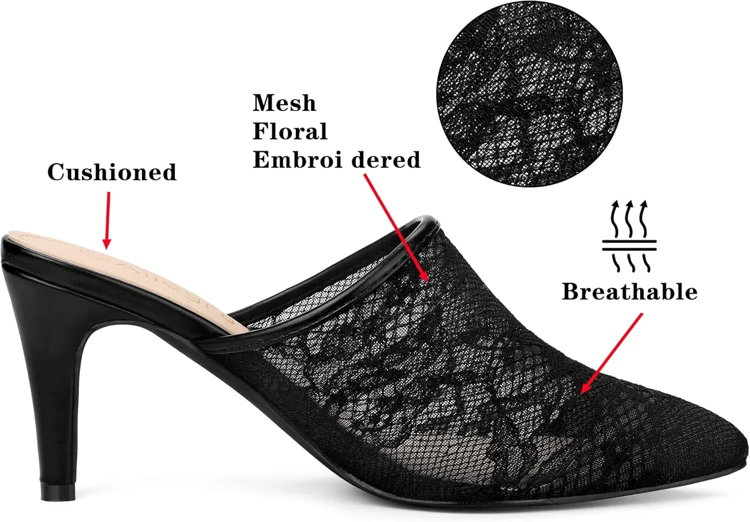 Allegra K Women's Lace Heels Sandals Mesh Floral Embroidered Stiletto Heels Slide Mules