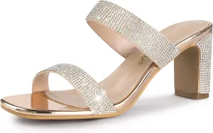 Allegra K Women's Rhinestone Chunky Heel Slide Heel Sandals