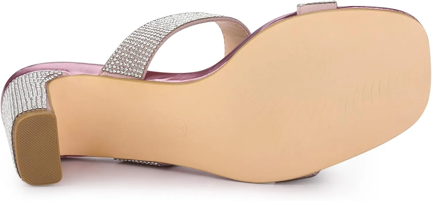 Allegra K Women's Rhinestone Chunky Heel Slide Heel Sandals