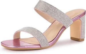 Allegra K Women's Rhinestone Chunky Heel Slide Heel Sandals