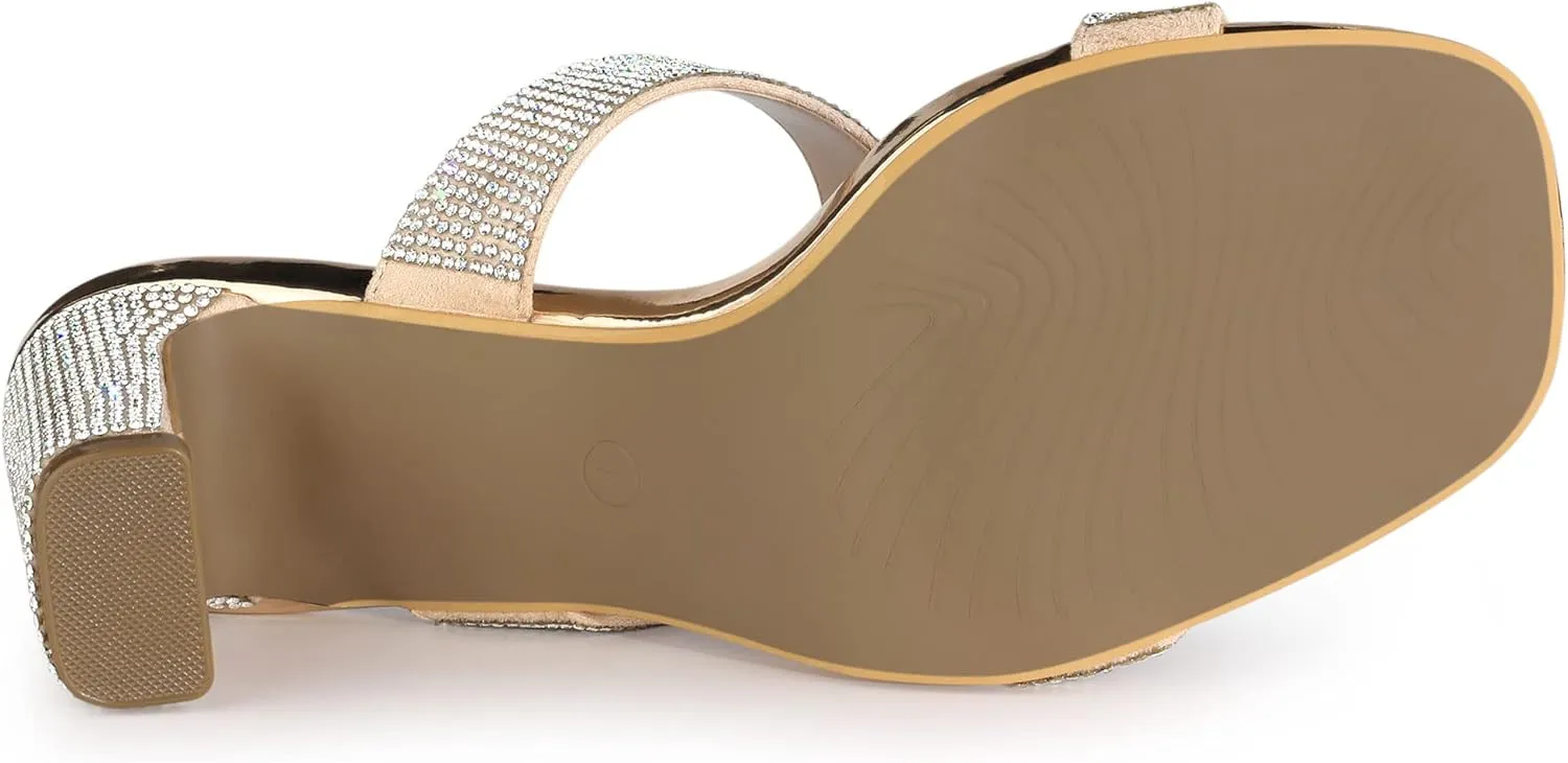 Allegra K Women's Rhinestone Chunky Heel Slide Heel Sandals