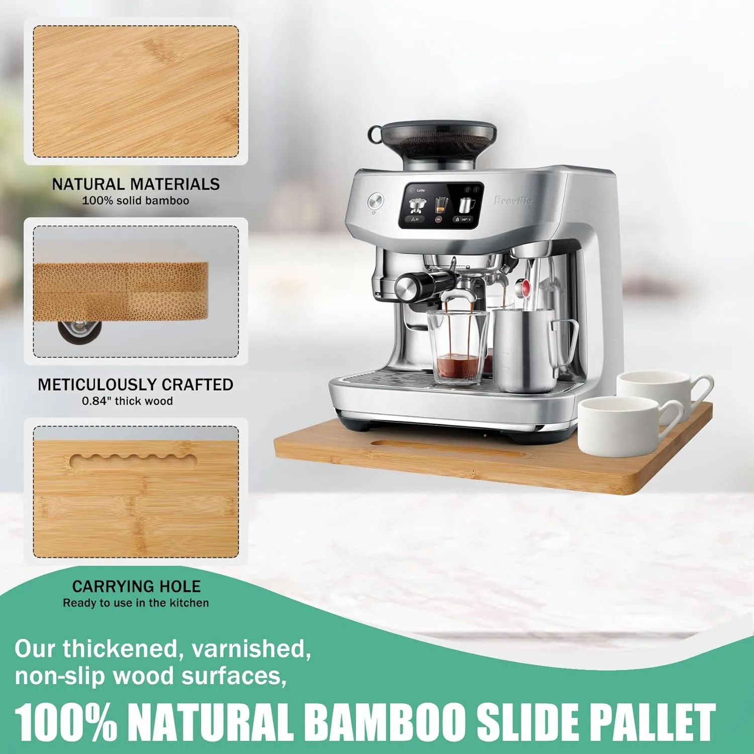 Bamboo Sliding Appliance Tray,Coffee Maker Slider Tray with Rubber Wheels, Countertop Pull Out Organizer for Coffee Machines,Air Fryers and Other (Natural, Medium-Long(9.5"W x 14"L))