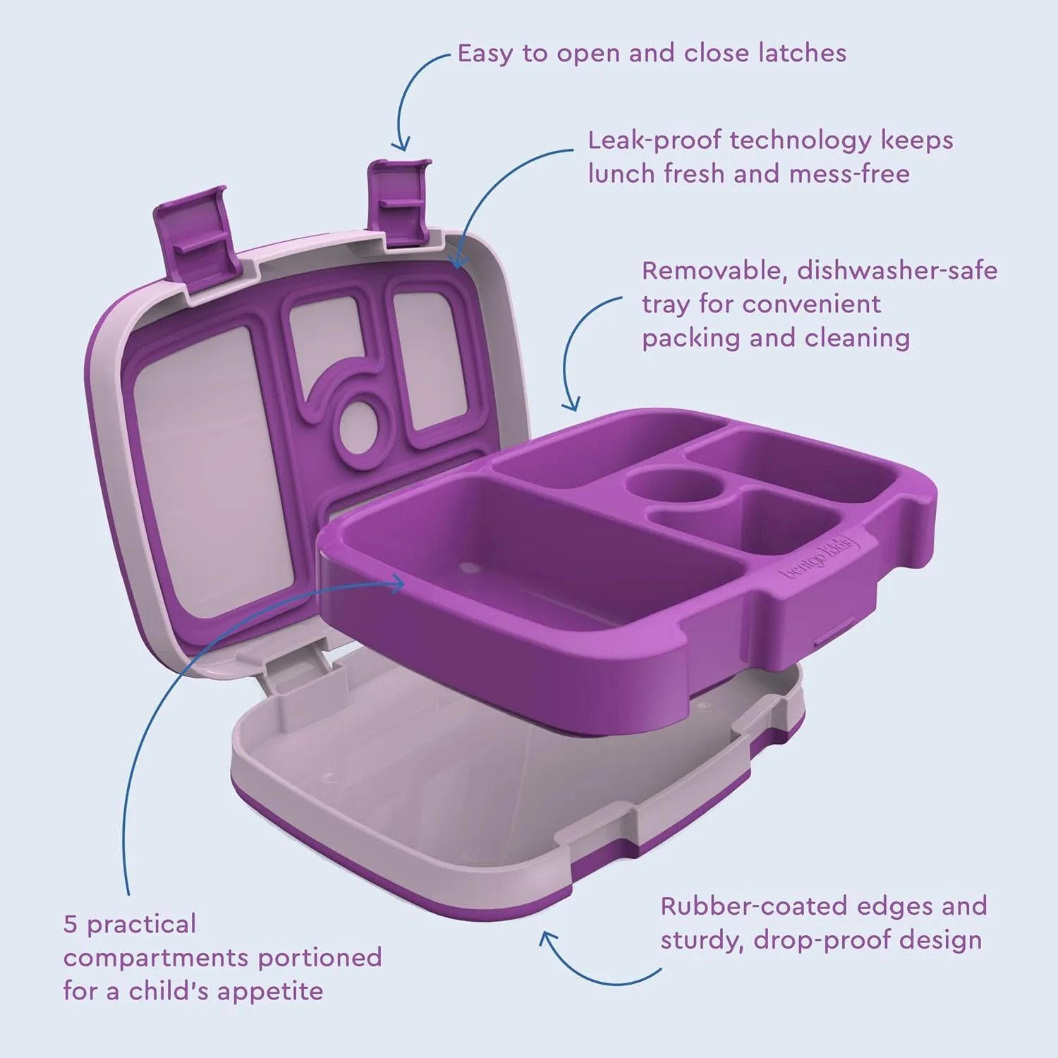 Bentgo Kids Bento-Style 5-Compartment Leak-Proof Lunch Box - Ideal Portion Sizes for Ages 3 to 7 - Durable, Drop-Proof, Dishwasher Safe, BPA-Free, & Made with Food-Safe Materials (Purple)
