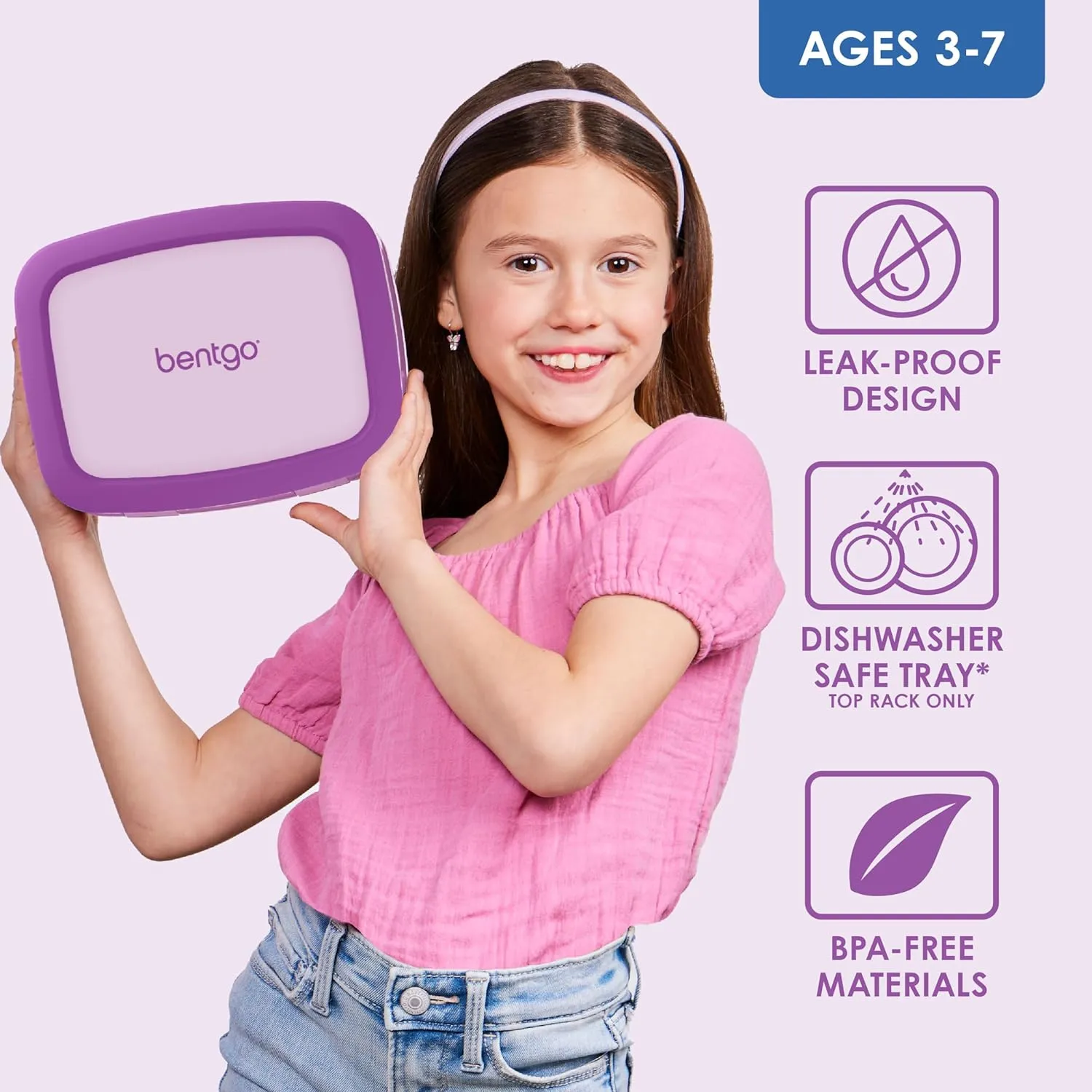Bentgo Kids Bento-Style 5-Compartment Leak-Proof Lunch Box - Ideal Portion Sizes for Ages 3 to 7 - Durable, Drop-Proof, Dishwasher Safe, BPA-Free, & Made with Food-Safe Materials (Purple)