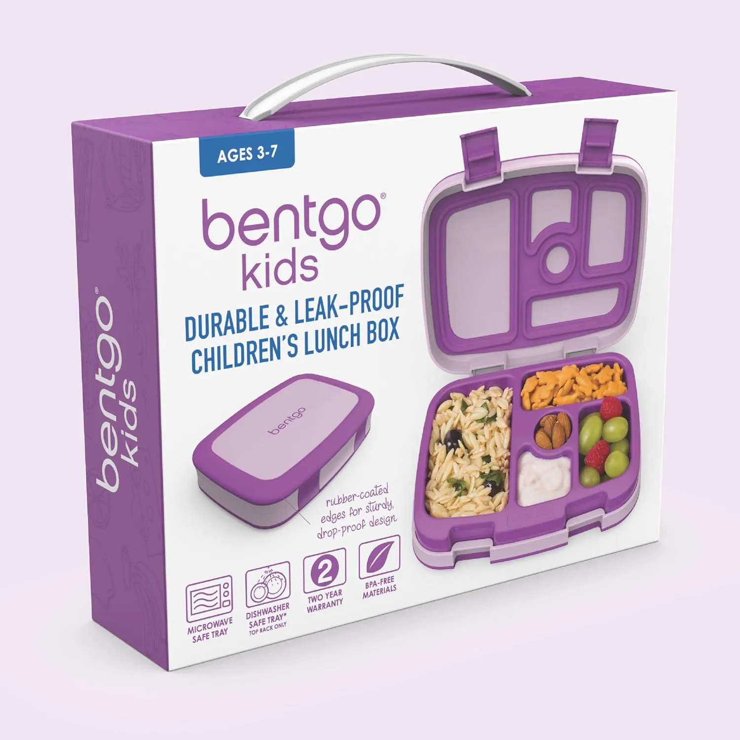 Bentgo Kids Bento-Style 5-Compartment Leak-Proof Lunch Box - Ideal Portion Sizes for Ages 3 to 7 - Durable, Drop-Proof, Dishwasher Safe, BPA-Free, & Made with Food-Safe Materials (Purple)