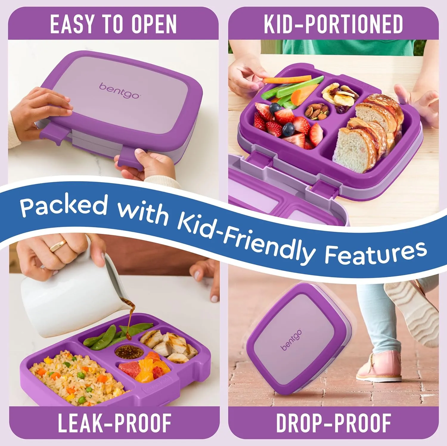 Bentgo Kids Bento-Style 5-Compartment Leak-Proof Lunch Box - Ideal Portion Sizes for Ages 3 to 7 - Durable, Drop-Proof, Dishwasher Safe, BPA-Free, & Made with Food-Safe Materials (Purple)
