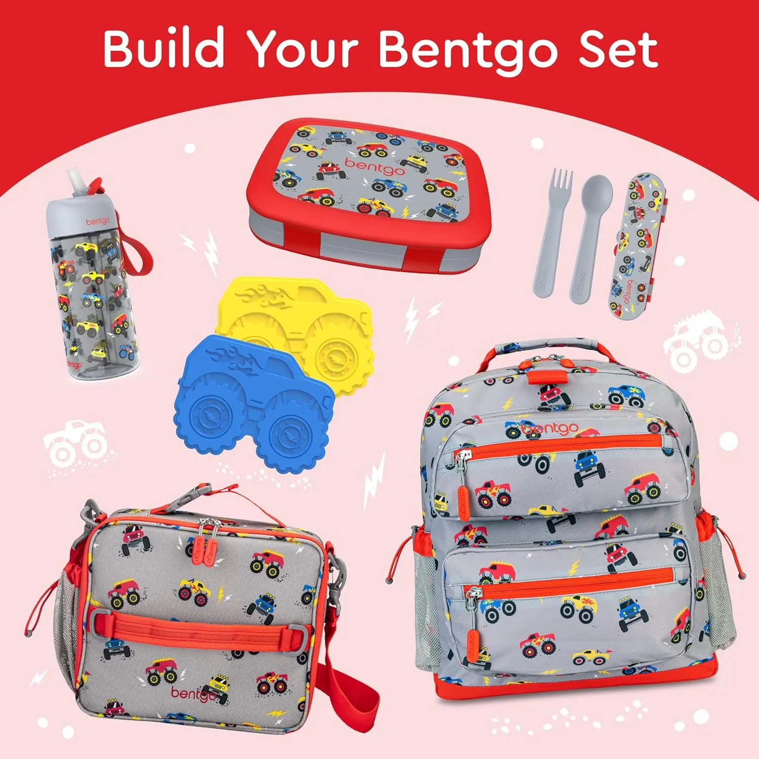 Bentgo Kids Prints Leak-Proof, 5-Compartment Bento-Style Kids Lunch Box - Ideal Portion Sizes for Ages 3-7, Durable, Drop-Proof, Dishwasher Safe, & Made with BPA-Free Materials (Trucks)