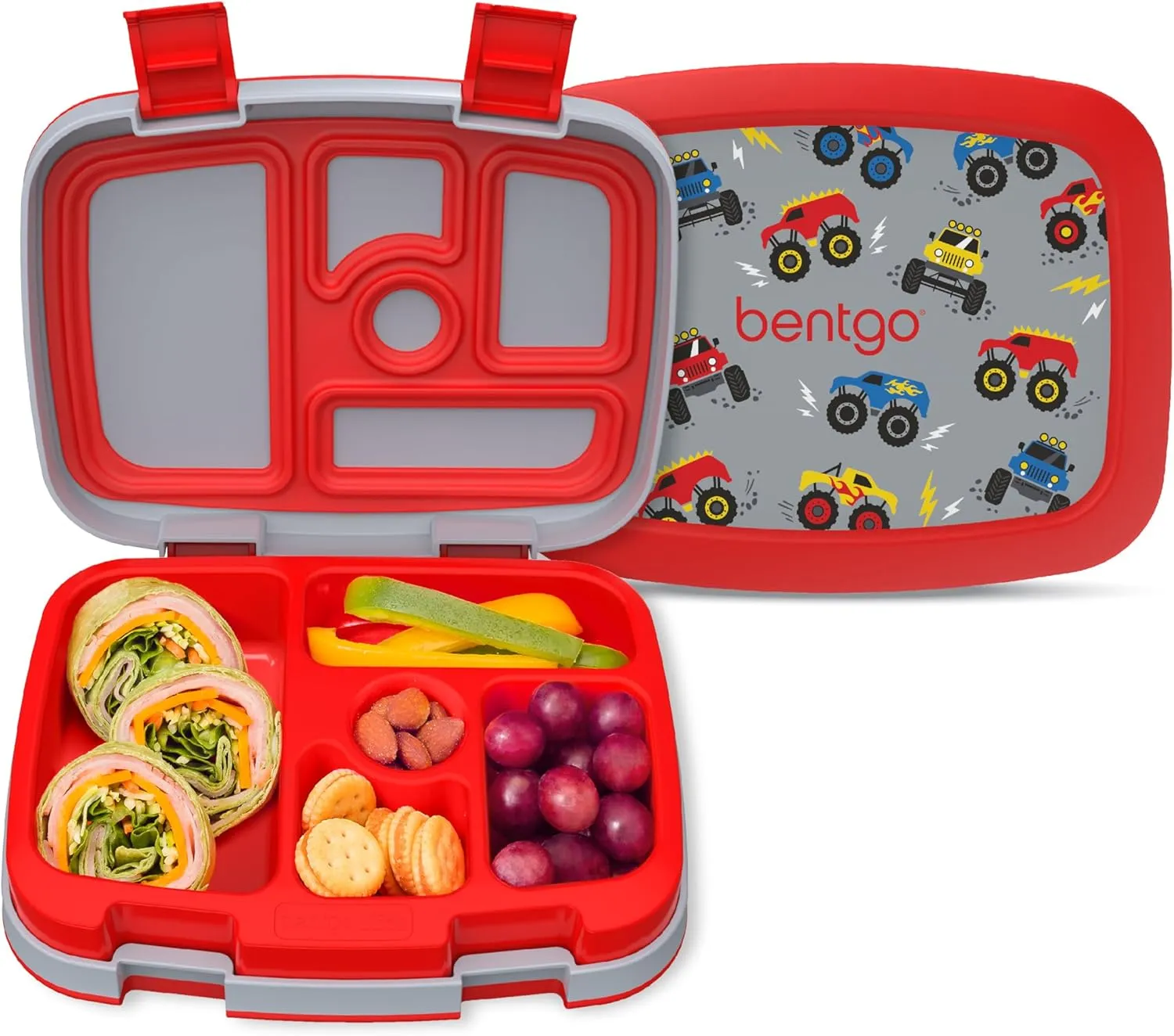 Bentgo Kids Prints Leak-Proof, 5-Compartment Bento-Style Kids Lunch Box - Ideal Portion Sizes for Ages 3-7, Durable, Drop-Proof, Dishwasher Safe, & Made with BPA-Free Materials (Trucks)
