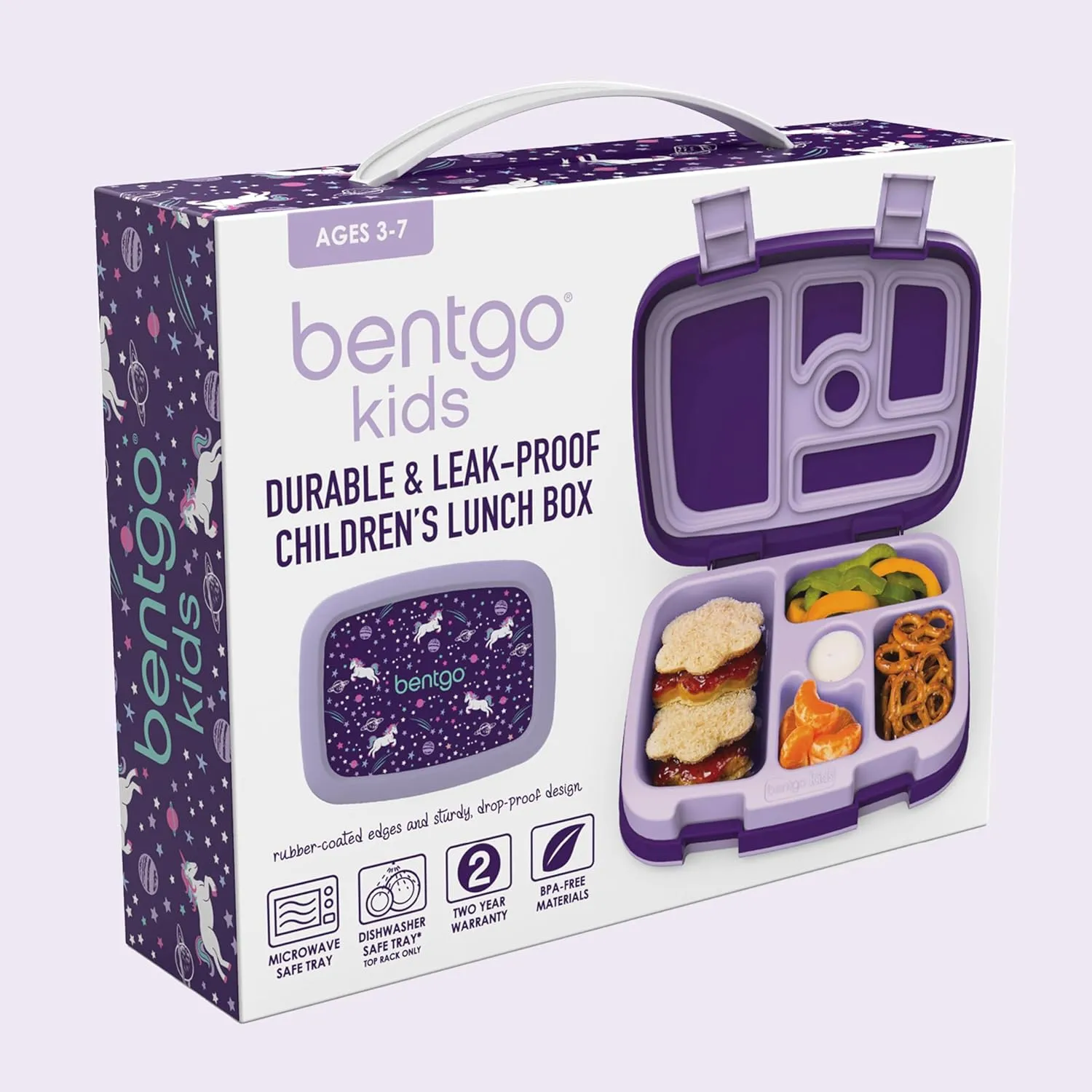 Bentgo Kids Prints Leak-Proof, 5-Compartment Bento-Style Kids Lunch Box - Ideal Portion Sizes for Ages 3-7, Durable, Drop-Proof, Dishwasher Safe, & Made with BPA-Free Materials (Unicorn)