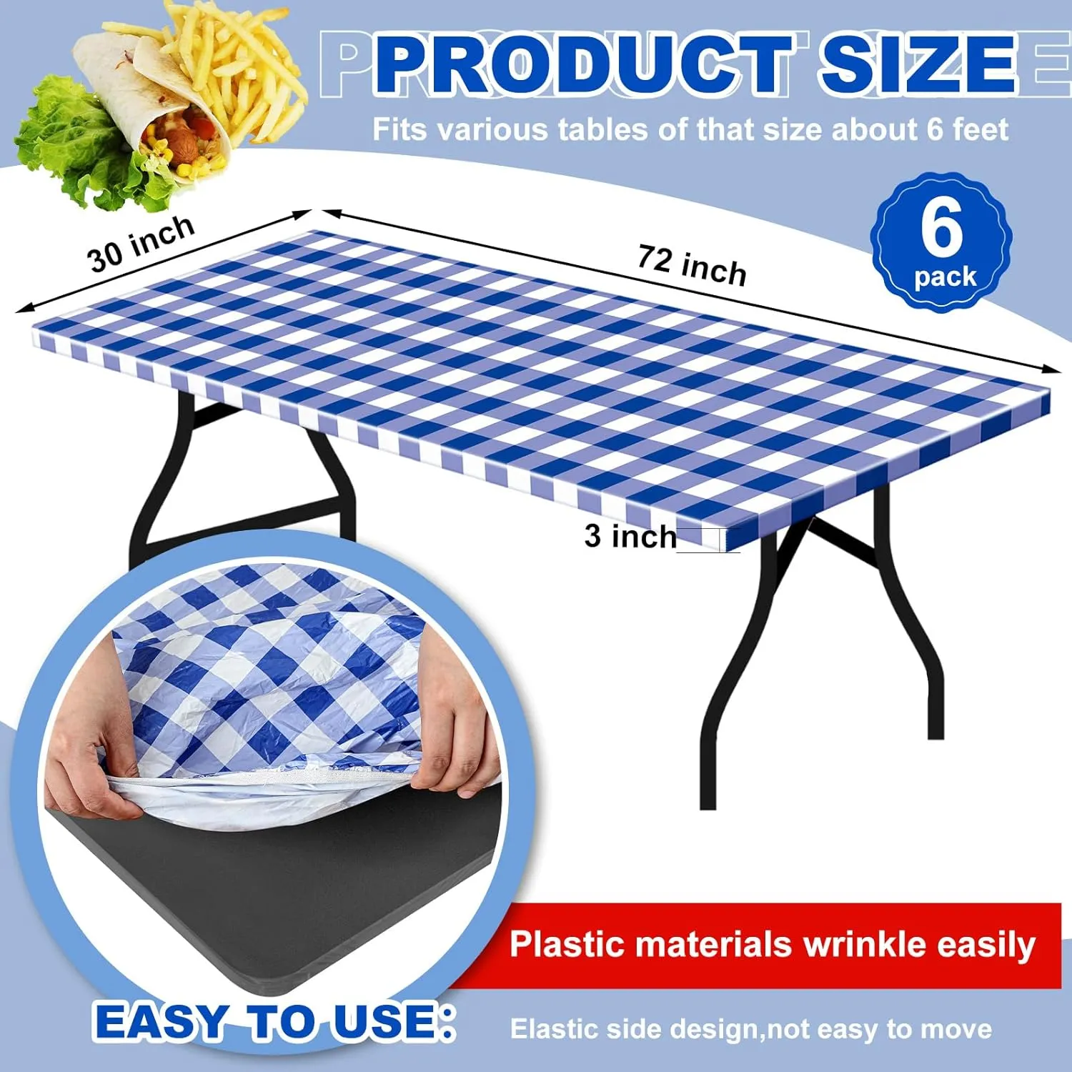 Boao 6 Pcs Picnic Table Cover 72 x 30 Inch for 6 ft Tables Disposable Parties Plastic Table Cloths with Elastic Fitted Elastic Desk Cover Rectangle Waterproof for Indoor, Outdoor, Picnic, Camping