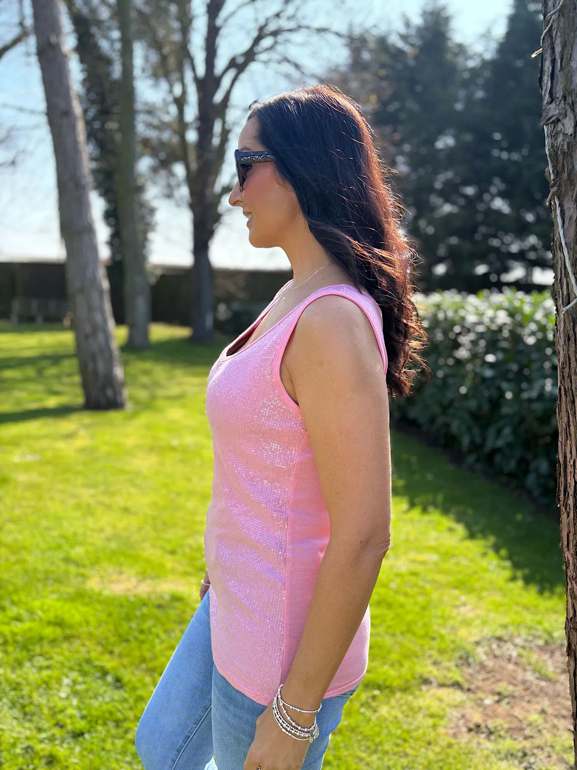 Candy Pink Sequin Vest Top Rebecca