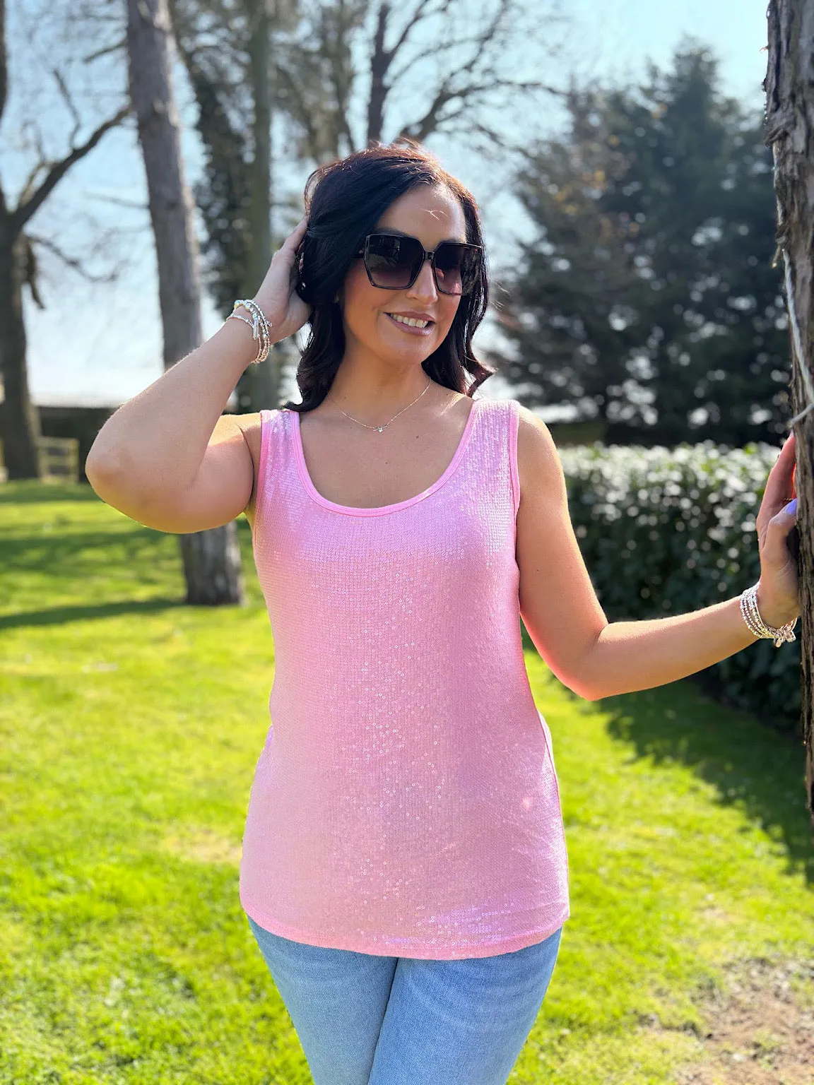 Candy Pink Sequin Vest Top Rebecca