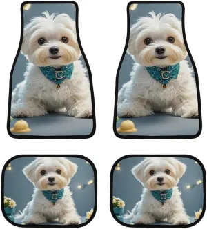 Car Floor Mat 4 Piece Universal Car Floor Pad Lovely Maltese Dog Car Mat Set Rubber Floor Mat for Cars Non-Slip Car Carpet Decor Heel Pad for Most Vehicles