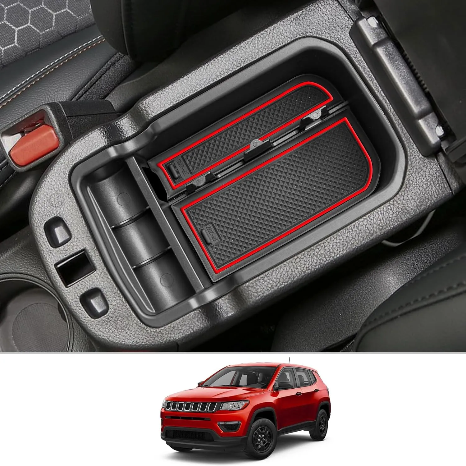 CDEFG Center Console Accessory Organizer Compatible with 2017 2018 2019 2020 2021 Compass, ABS Material Armrest Box Insert Tray Glove Secondary Storage Box (Red for Compass)