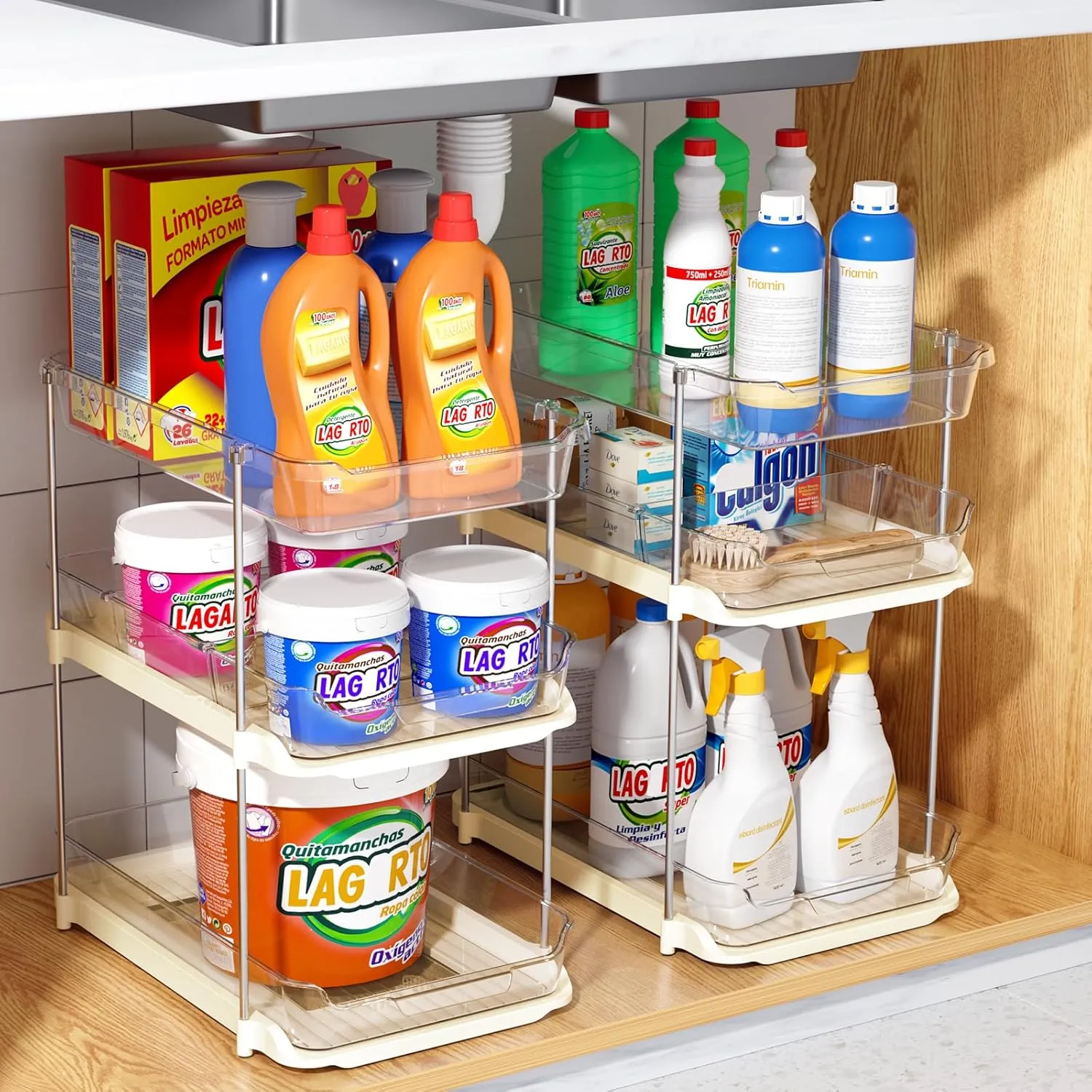 Delamu 2 Sets of 3-Tier Bathroom Under Sink Organizers and Storage, Multi-Purpose Stackable Pantry Organization and Storage, Beige