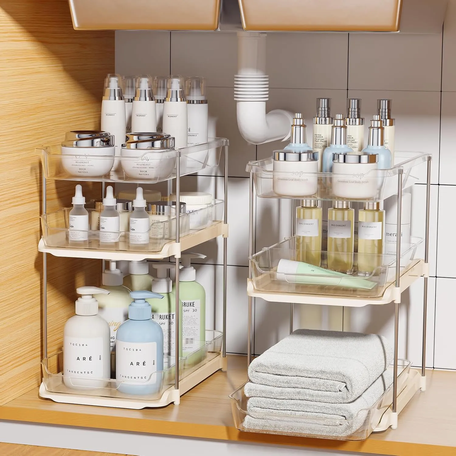 Delamu 2 Sets of 3-Tier Bathroom Under Sink Organizers and Storage, Multi-Purpose Stackable Pantry Organization and Storage, Beige