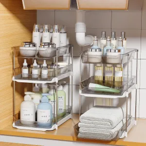 Delamu 2 Sets of 3-Tier Bathroom Under Sink Organizers and Storage, Multi-Purpose Stackable Pantry Organization and Storage, Grey