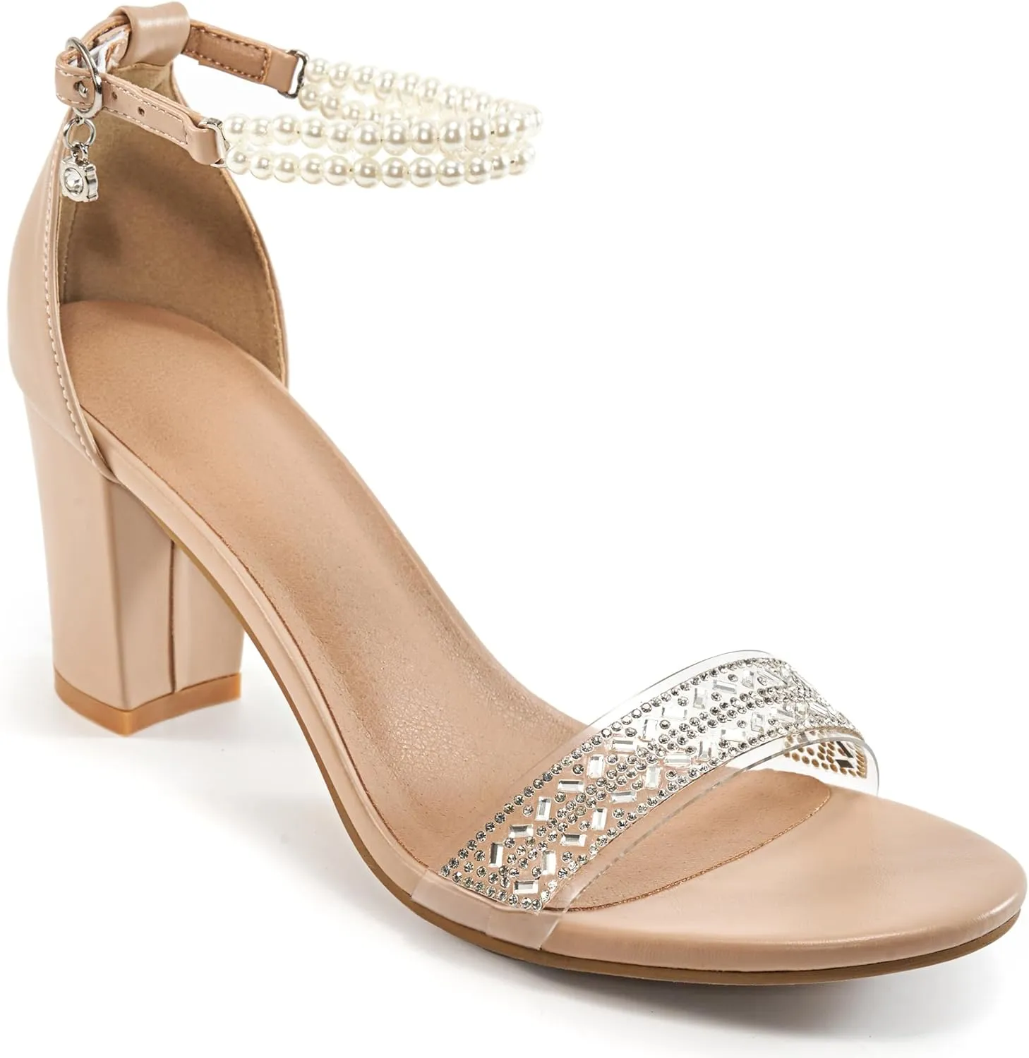 Ecetana Womens Sandals High Heels Open Toe Rhinestone Pearl Block Chunky Heeled Ankle Strap Dressy Sexy Shoes for Wedding Party
