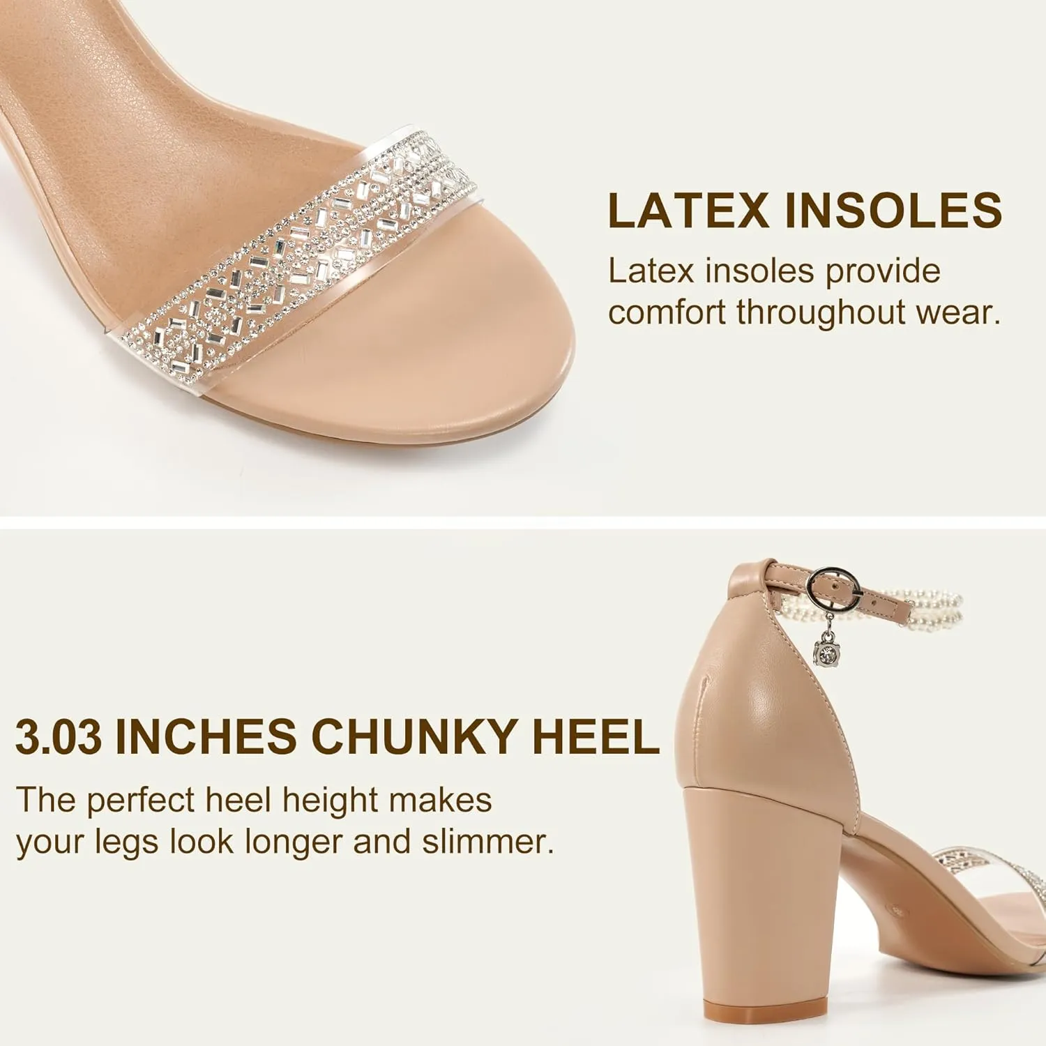 Ecetana Womens Sandals High Heels Open Toe Rhinestone Pearl Block Chunky Heeled Ankle Strap Dressy Sexy Shoes for Wedding Party