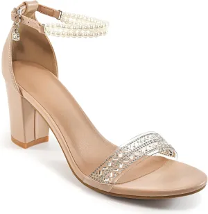 Ecetana Womens Sandals High Heels Open Toe Rhinestone Pearl Block Chunky Heeled Ankle Strap Dressy Sexy Shoes for Wedding Party