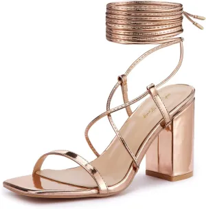 Elisabet Tang Women's Strappy Chunky Heels Sandals, 3 inch Low Block Heels Lace Up Ankle Wrap Heels Square Open Toe Tie Up Heeled Sandals Shoes