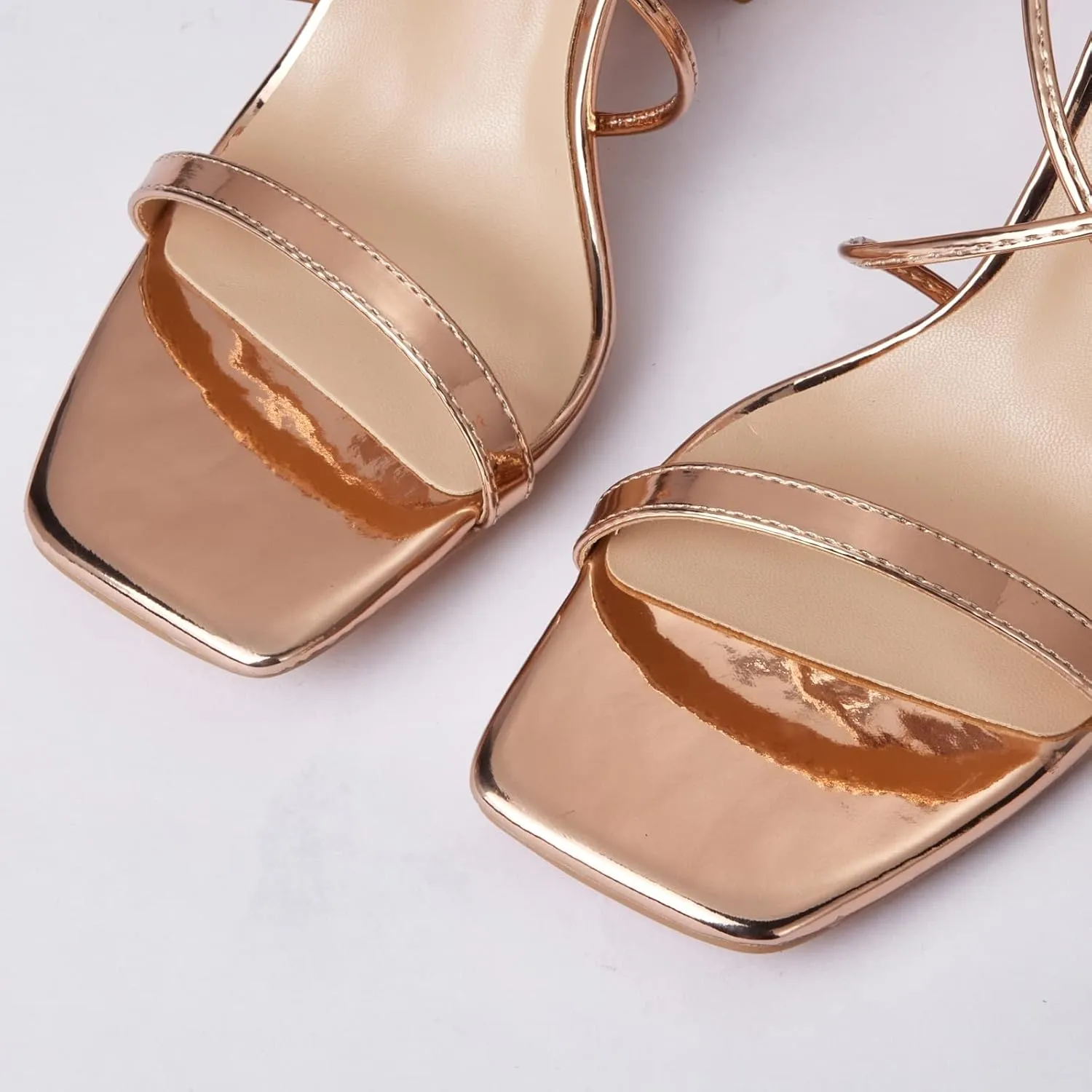 Elisabet Tang Women's Strappy Chunky Heels Sandals, 3 inch Low Block Heels Lace Up Ankle Wrap Heels Square Open Toe Tie Up Heeled Sandals Shoes