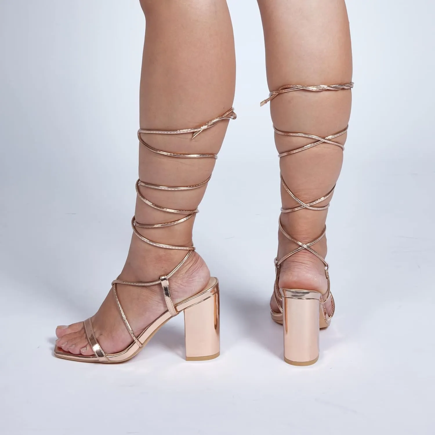 Elisabet Tang Women's Strappy Chunky Heels Sandals, 3 inch Low Block Heels Lace Up Ankle Wrap Heels Square Open Toe Tie Up Heeled Sandals Shoes