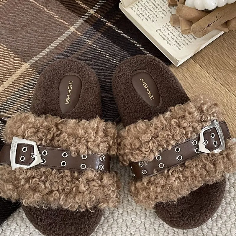 Fleece Buckled Slide Sandals