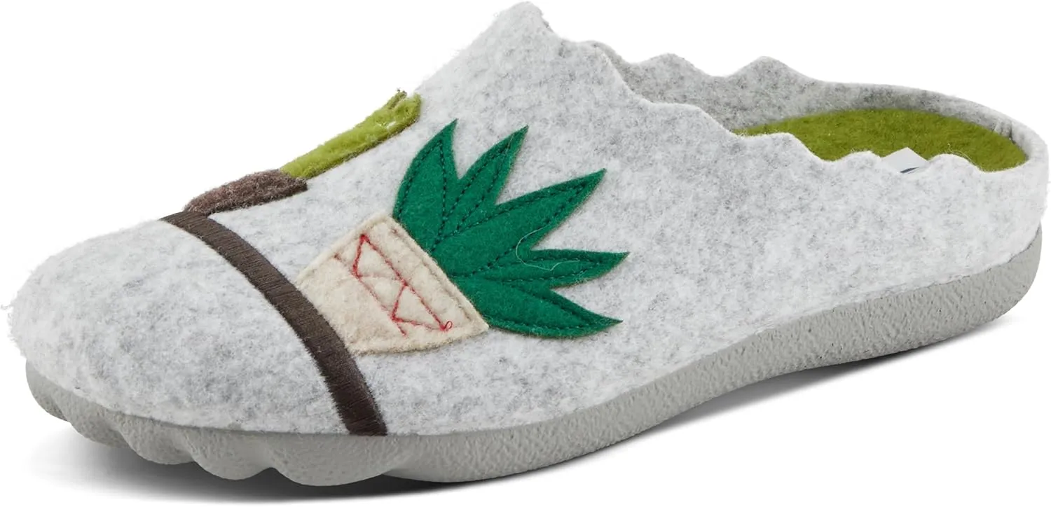 Flexus Women's HAPPYCACTUS Wool Felt Slides with Cactus Embroidery, Removable Insoles, and Rubber Outsole