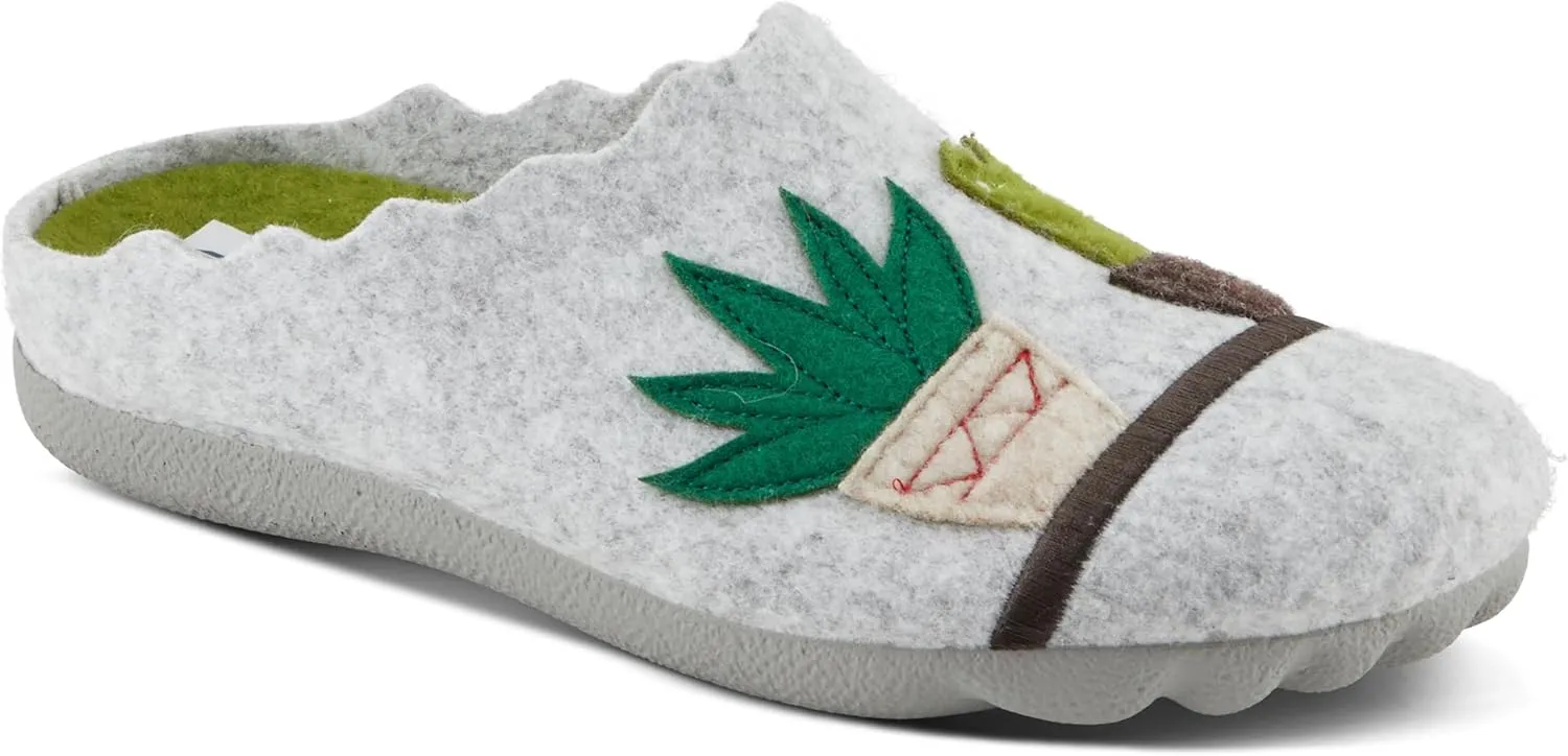 Flexus Women's HAPPYCACTUS Wool Felt Slides with Cactus Embroidery, Removable Insoles, and Rubber Outsole