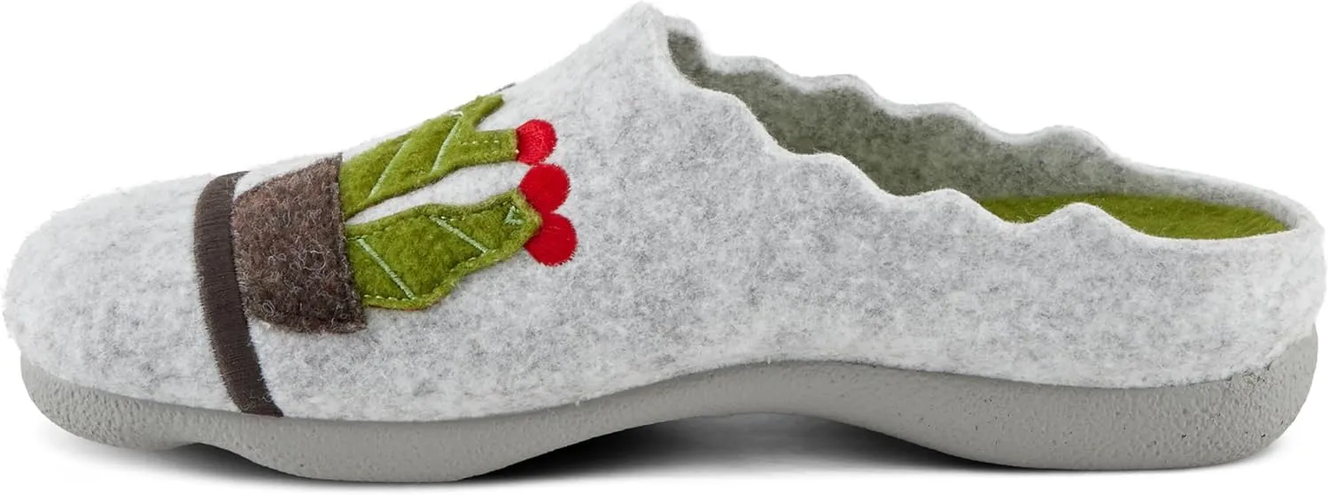 Flexus Women's HAPPYCACTUS Wool Felt Slides with Cactus Embroidery, Removable Insoles, and Rubber Outsole