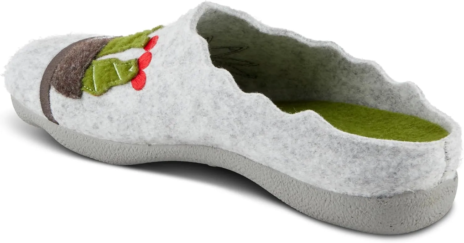 Flexus Women's HAPPYCACTUS Wool Felt Slides with Cactus Embroidery, Removable Insoles, and Rubber Outsole