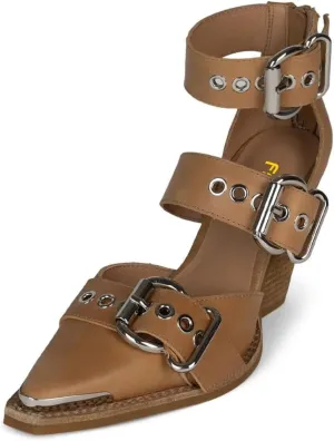 FSJ Women Pointed Toe Metal Buckle Hollow Out Leather Strappy Medium Thick Wedge Stacked Heel Sandal Zipper Fashion Pumps Shoes Size 4-16 US